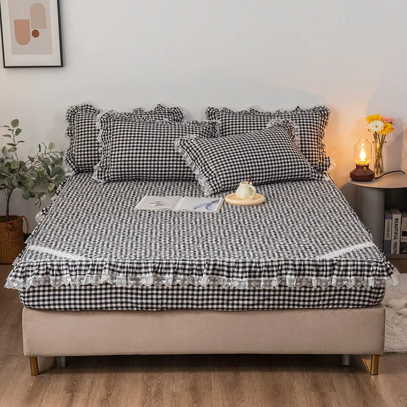 DecorBites™ Cotton Plaid Stripe Ruffles Bedding Set with Lace Accents