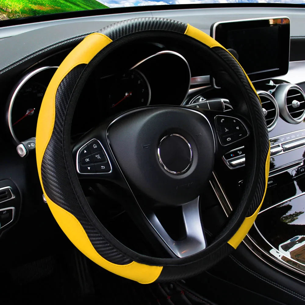 PU Carbon Fiber Leather Car Steering Wheel Cover | 14.5-15 Inch Grip Enhancer