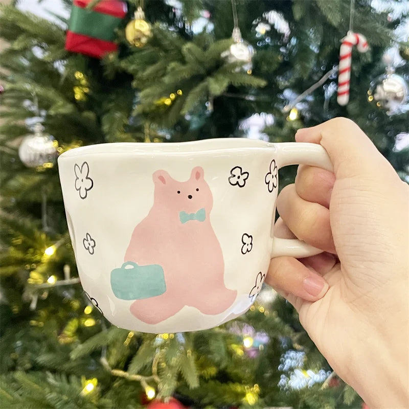 DecorBites™ Irregular Ceramic Bear Mug: Handcrafted Coffee Cup for Office and Couples