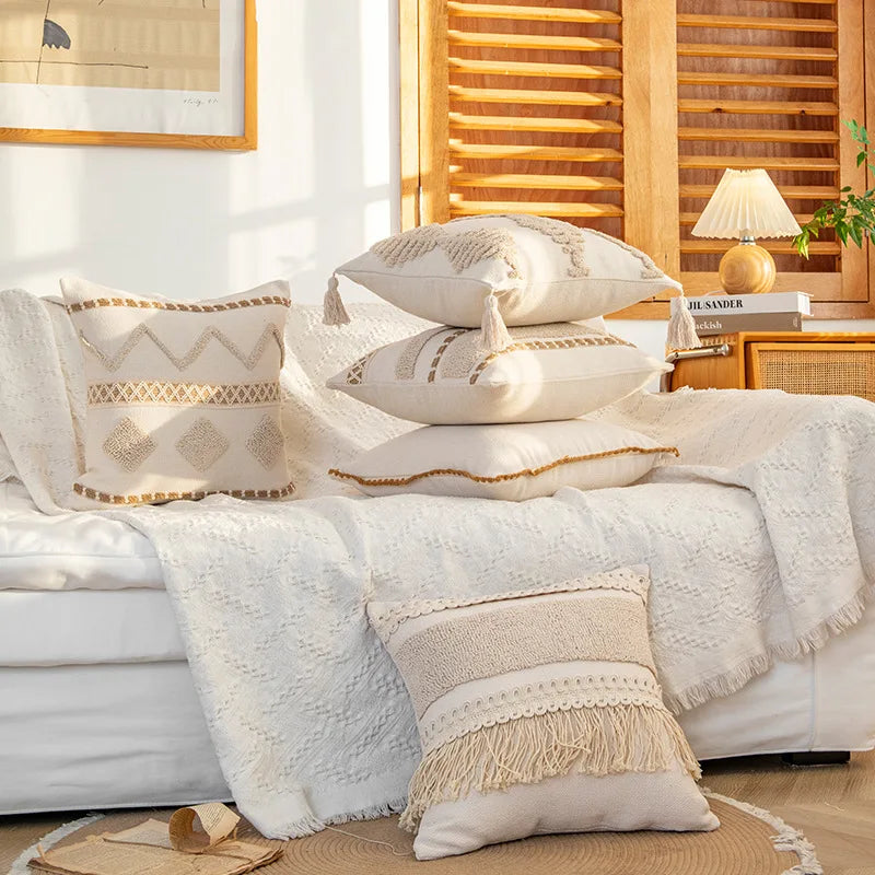 DecorBites™ Geometric Tufted Cushion Cover with Handmade Tassels & Patchwork