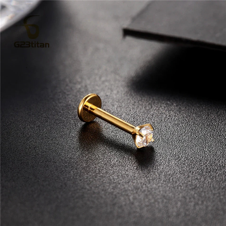 16G 18G Titanium Labret Stud Nose Ring | Zircon Internally Threaded Body Jewelry for Tragus and Helix