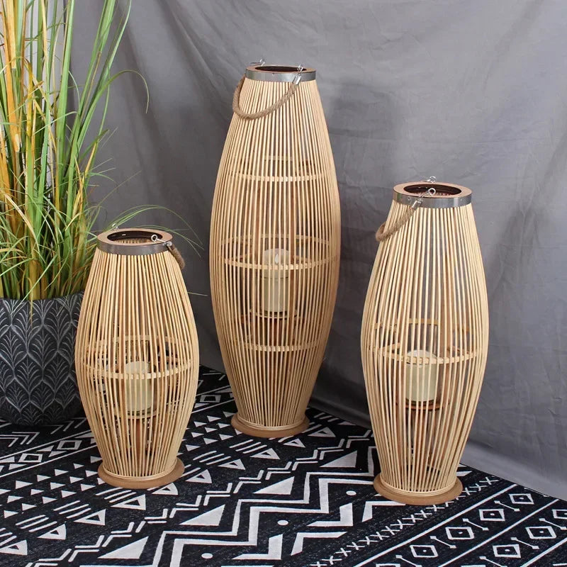 DecorBites™ Bamboo Lantern Candle Holder Vintage Nordic Style Wood Floor Decoration