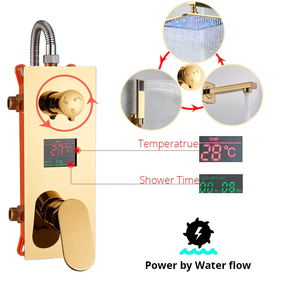 DecorBites™ Gold Digital Shower Set with 3-Functions LED Rainfall Head