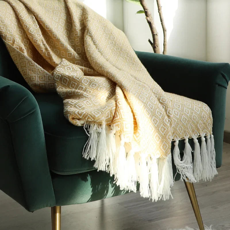 DecorBites™ Golden Knitted Blanket: Luxuriously Soft Sofa Cover & Bedspread
