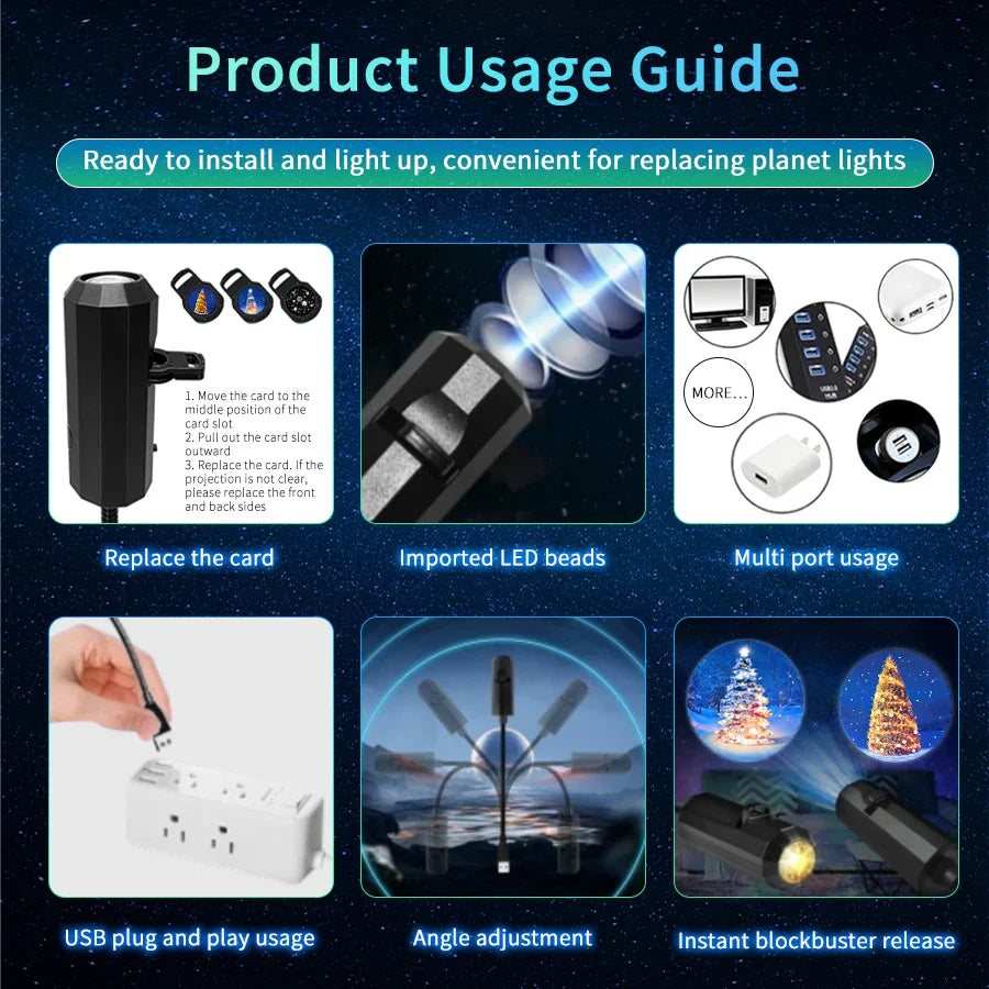 USB Projection Lamp with Switchable Pattern Design | LED Night Light for Christmas Halloween Planet Theme