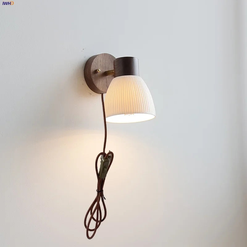 Minimalist ceramic walnut wood wall light bedroom reading lamp