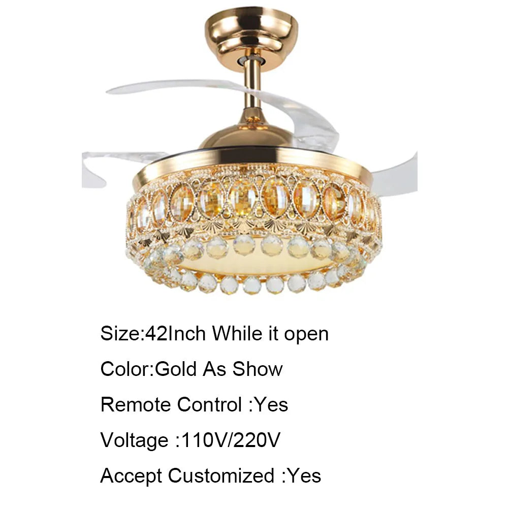 DecorBites™ 42 Inch Gold Luxury Crystal Ceiling Fan Light with Remote Control