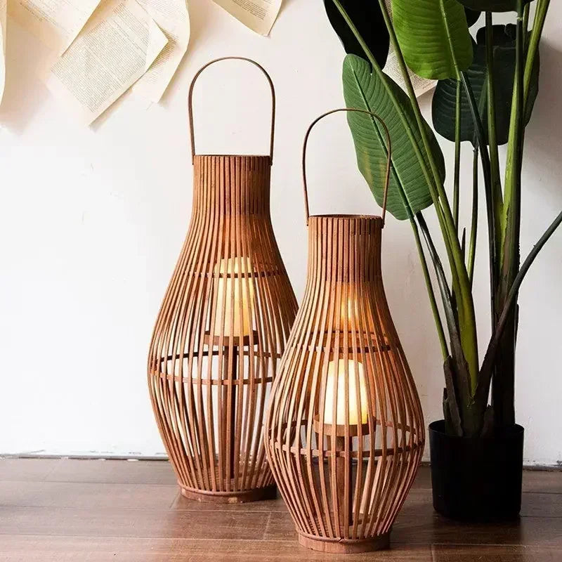 DecorBites™ Bamboo Lantern Candle Holder Vintage Nordic Style Wood Floor Decoration