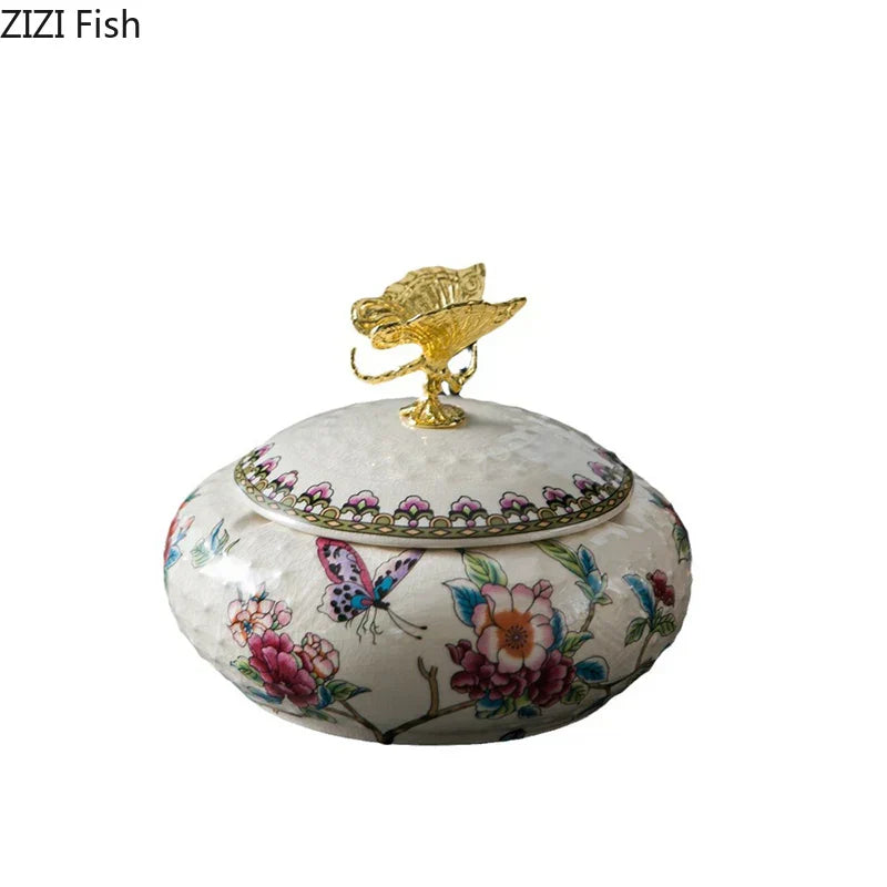 DecorBites™ Dragonfly Lid Ceramic Jewelry Box - Round Floral Pattern Storage Jar