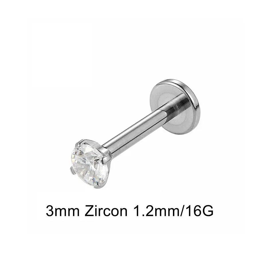 16G 18G Titanium Labret Stud Nose Ring | Zircon Internally Threaded Body Jewelry for Tragus and Helix