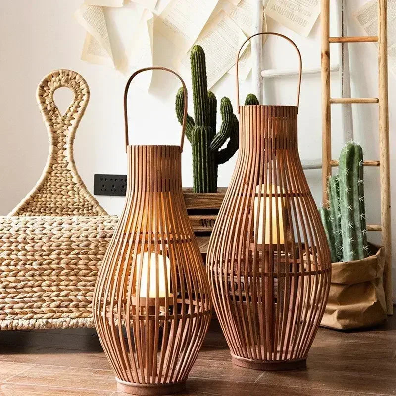 DecorBites™ Bamboo Lantern Candle Holder Vintage Nordic Style Wood Floor Decoration