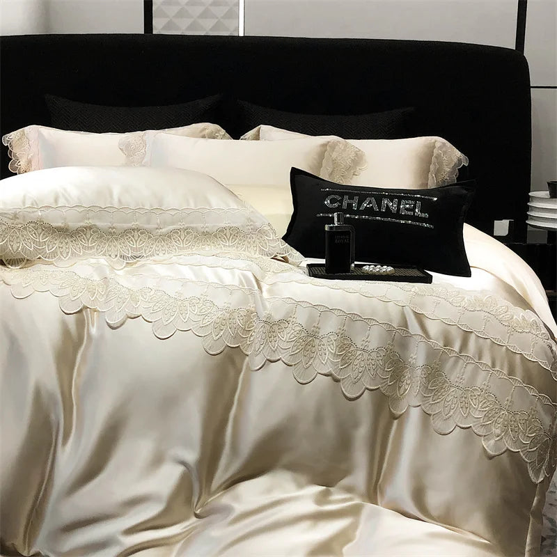 DecorBites™ Lace Patchwork Silk Cotton Luxury Bedding Set Queen King Size