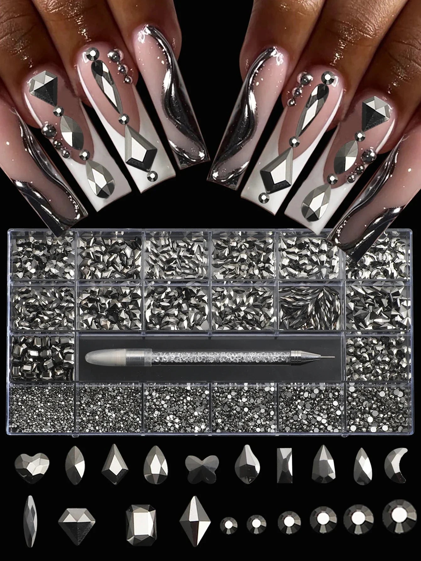 21 Grid Nail Art Rhinestone Set - Multi-Style Flat Bottom Glass Diamonds