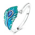 925 Sterling Silver Malachite Green Open Ring | Peacock Feather Adjustable Ring for Women