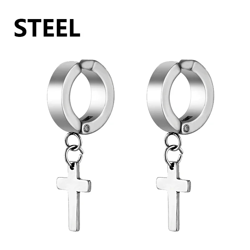 Stainless Steel Clip On Cross Earrings | Non Piercing Gothic Punk Jewelry for Men Women