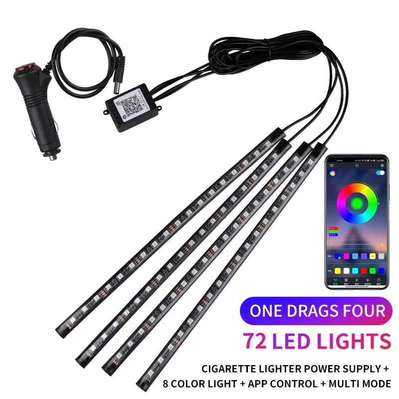 Neon LED Car Interior Ambient Light Kit - RGB Foot Strip with Remote & App Music Control