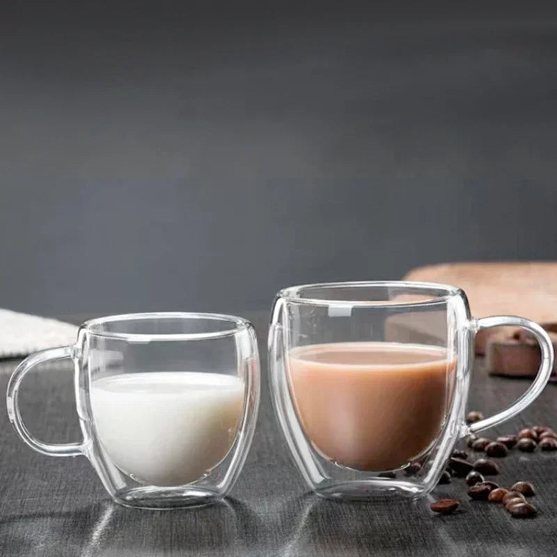 DecorBites™ Double Wall High Borosilicate Glass Mug with Handle, Heat Resistant Coffee Cup
