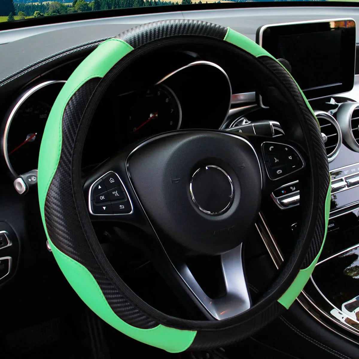 PU Carbon Fiber Leather Car Steering Wheel Cover | 14.5-15 Inch Grip Enhancer