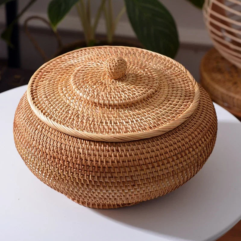 DecorBites™ Handwoven Rattan Storage Box With Lid - Kitchen Food Container & Home Organizer