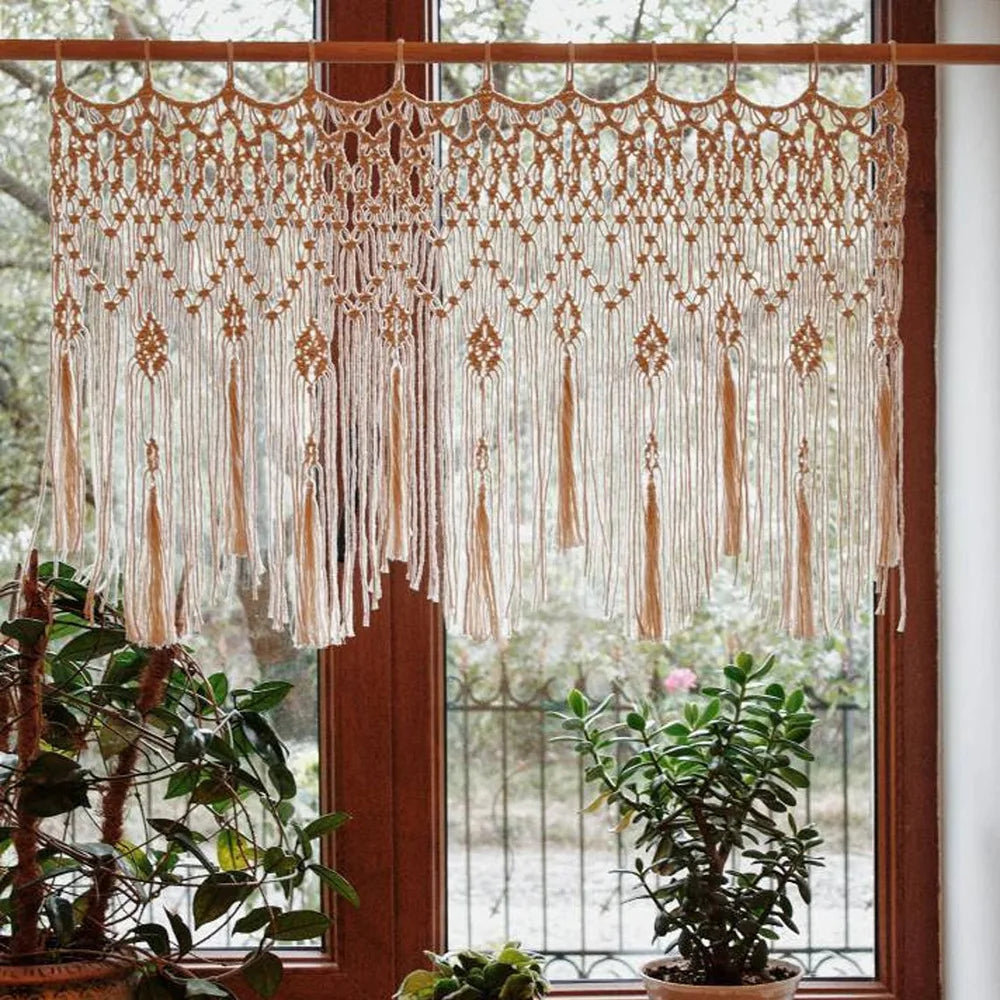 DecorBites™ Handwoven Macrame Window Curtain Tapestry with Tassels