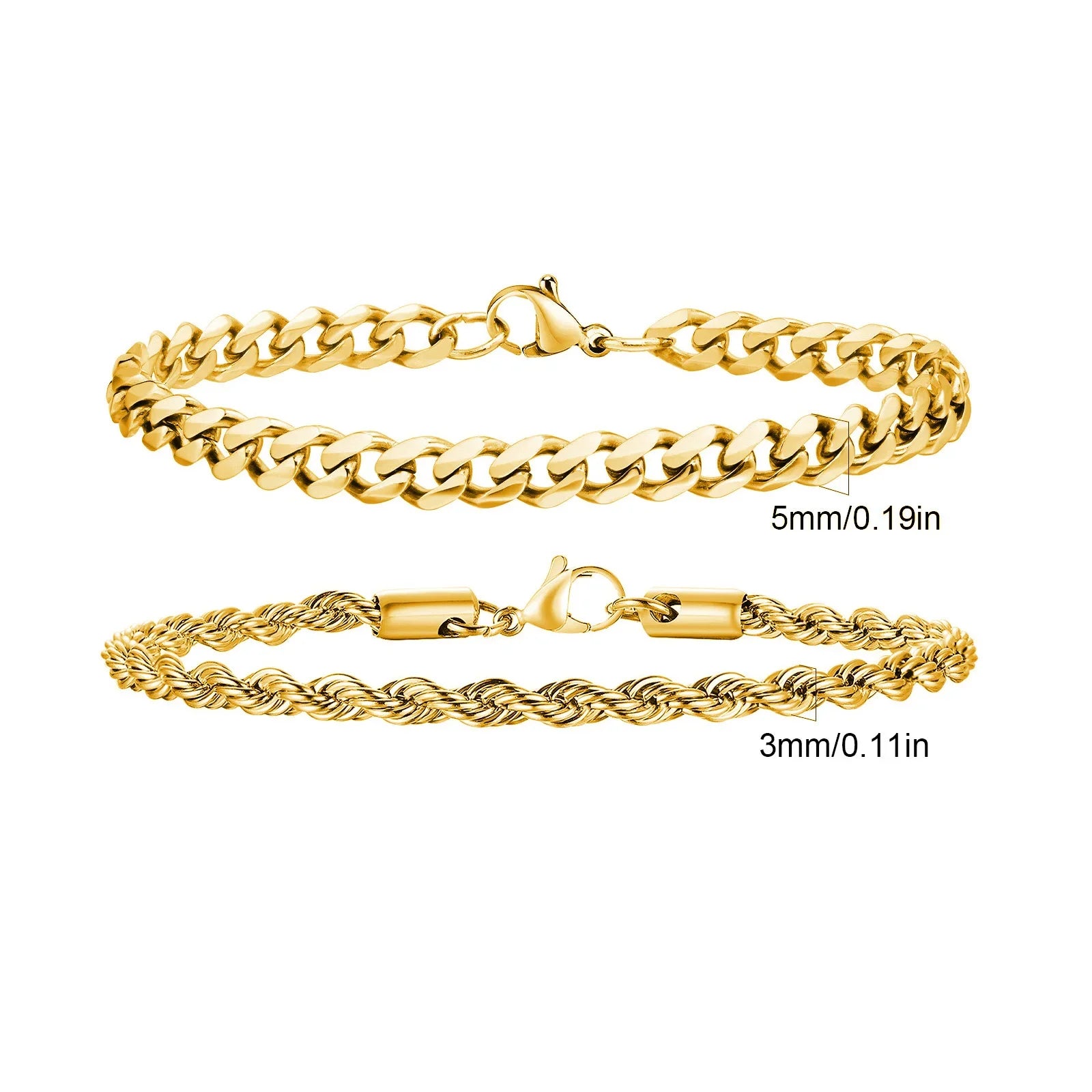 Men's Stainless Steel Chain Bracelets Set | 2pcs Silver Gold Black Twist Rope & Cuban Link