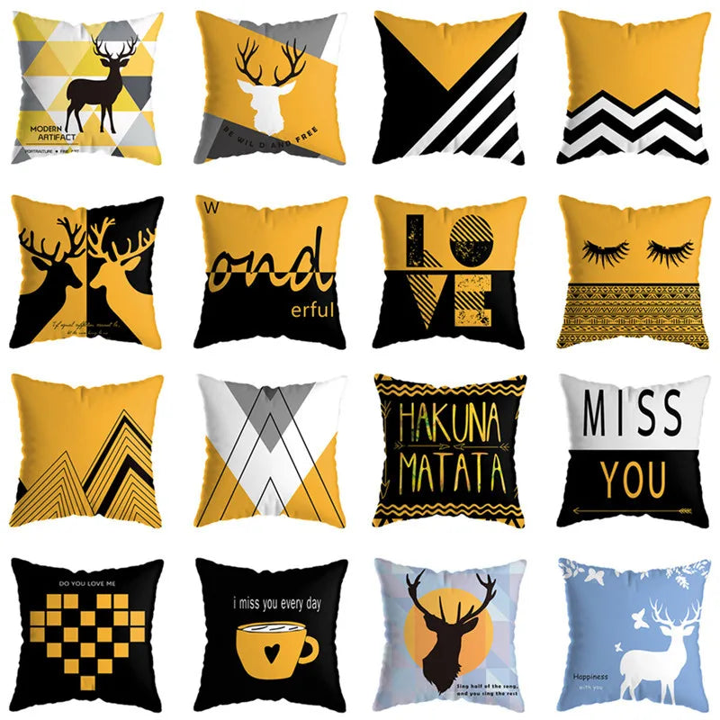 DecorBites™ Geometric Deer Print Pillowcase 45x45cm - Yellow Home Decor