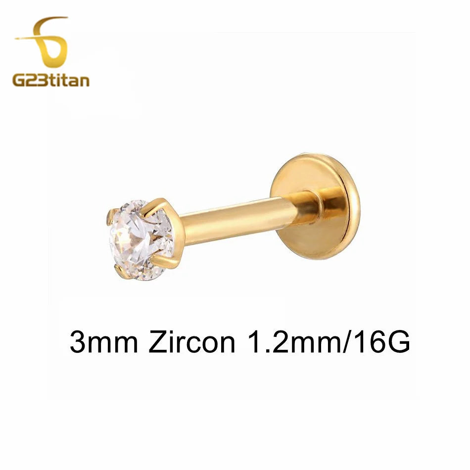16G 18G Titanium Labret Stud Nose Ring | Zircon Internally Threaded Body Jewelry for Tragus and Helix
