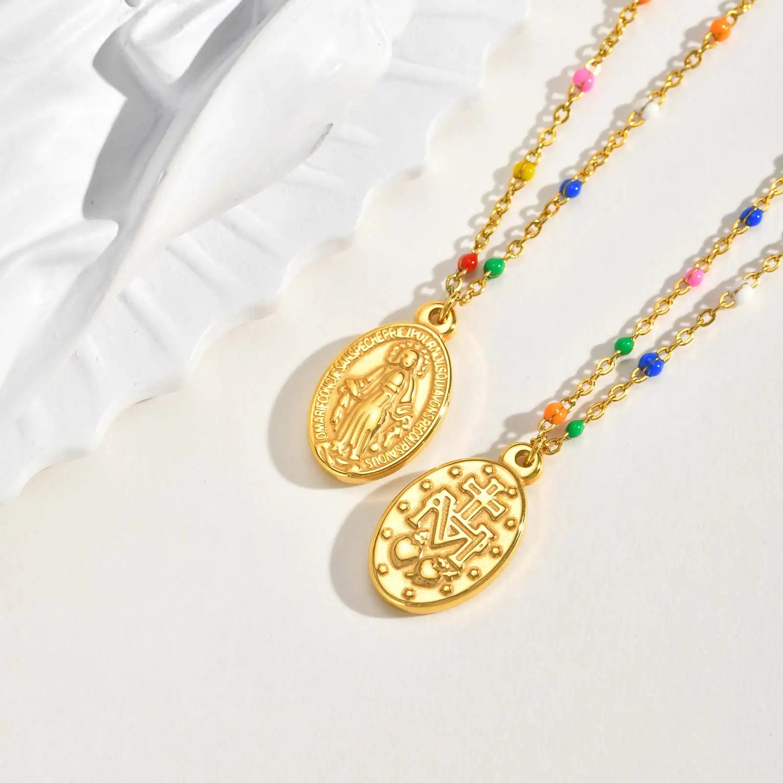 Bohemian Colored Virgin Oval Necklace | Gold Plated Stainless Steel Rosary Chain