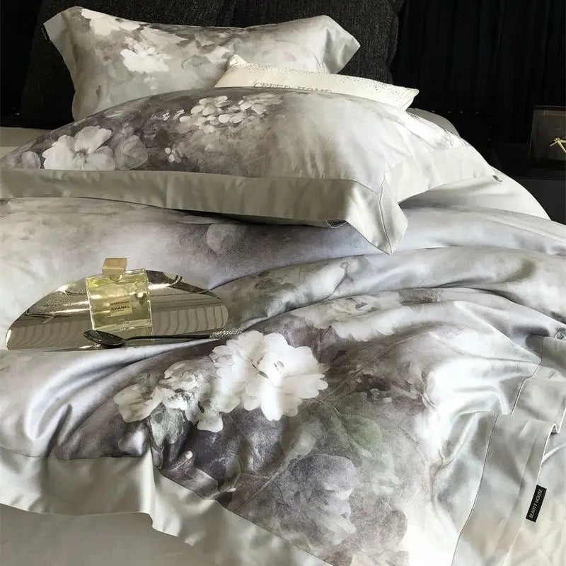 DecorBites™ Flowers Pattern Brushed Bedding Set: Duvet Cover, Bed Sheet, Fitted Sheet, Pillowcase 4Pcs