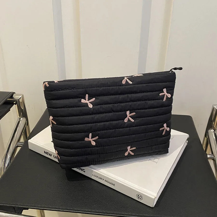 Large Capacity Embroidered Bow Cosmetic Case | Cute Zipper Makeup Bag