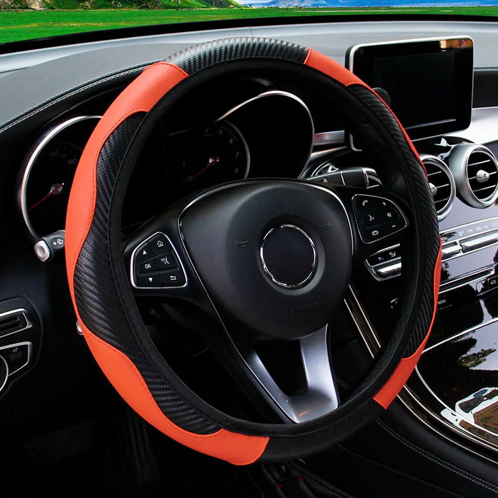 PU Carbon Fiber Leather Car Steering Wheel Cover | 14.5-15 Inch Grip Enhancer