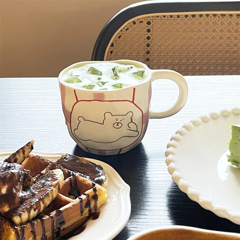 DecorBites™ Irregular Ceramic Bear Mug: Handcrafted Coffee Cup for Office and Couples