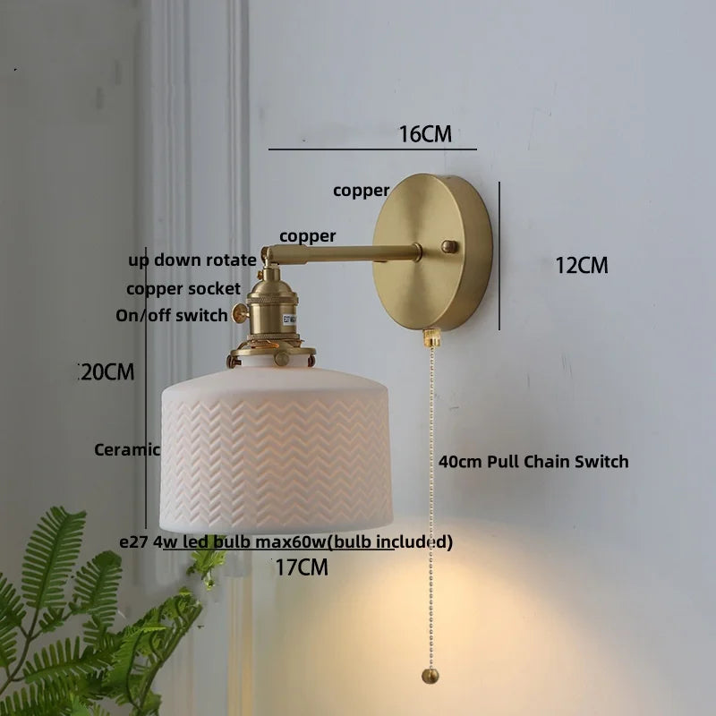 DecorBites™ Copper LED Sconce Wall Lamp Pull Chain Switch Nordic Modern Ceramic Mirror Light
