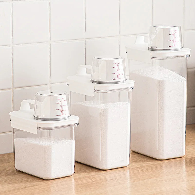 DecorBites™ Laundry Powder Dispenser Container with Measuring Cup - Transparent Storage Jar