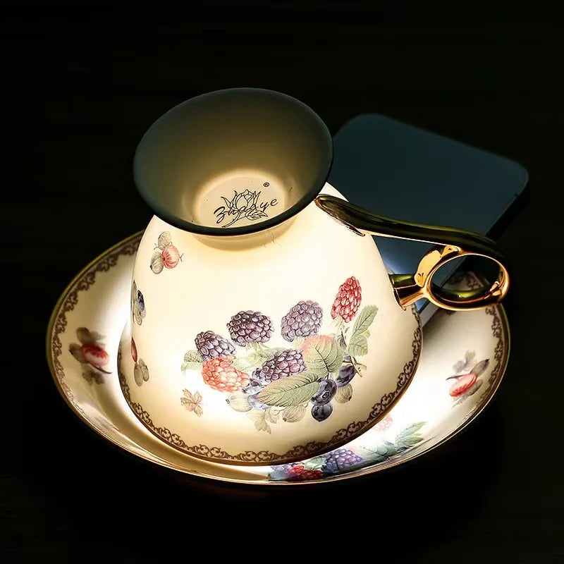 DecorBites™ Fruits Pattern Ceramic Coffee Mug Set Gold-plated Tea Cup Saucer Dining Juice Container