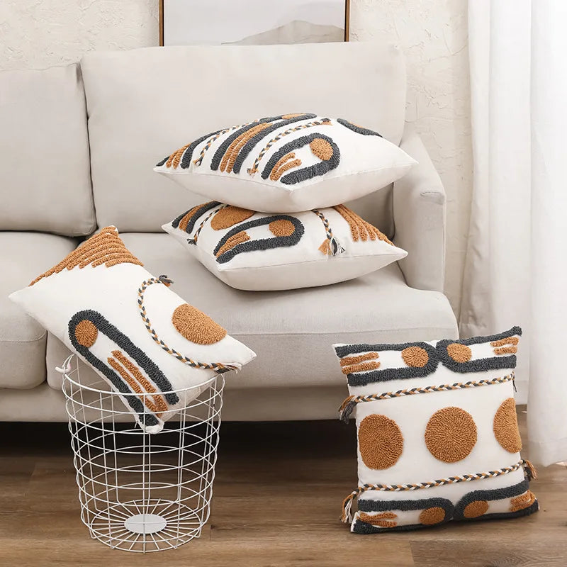 DecorBites™ Geometric Embroidered Cotton Canvas Cushion Cover Home Decor Boho Style