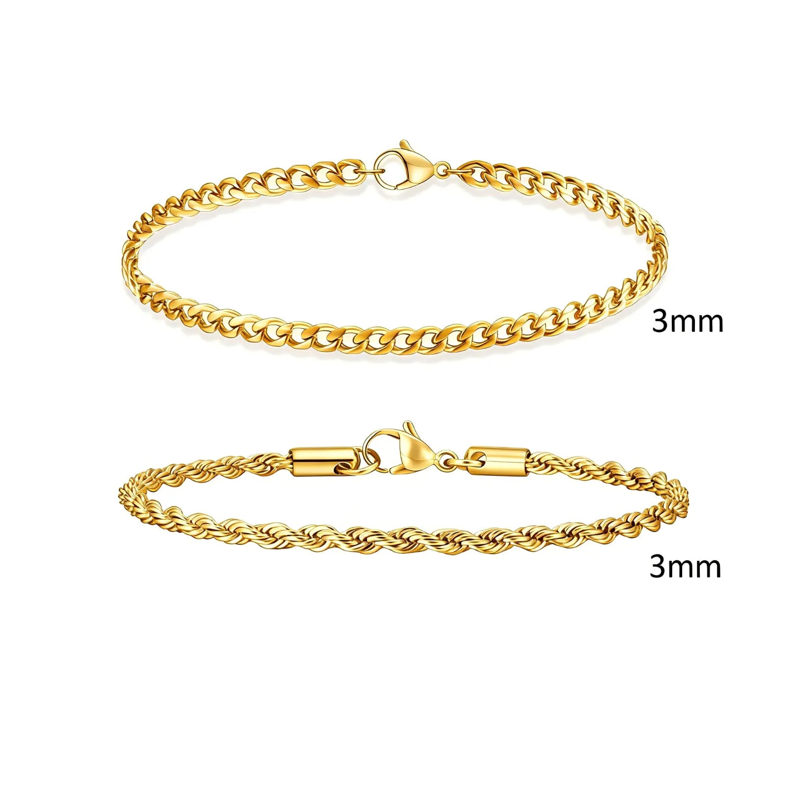 Men's Stainless Steel Chain Bracelets Set | 2pcs Silver Gold Black Twist Rope & Cuban Link