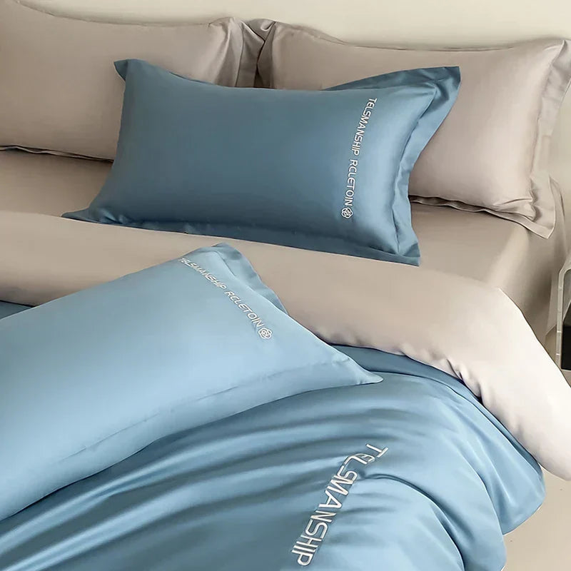 DecorBites™ Cotton Solid Color Bedding Set, Premium Quality Embroidery Quilt Cover, Single Bed.