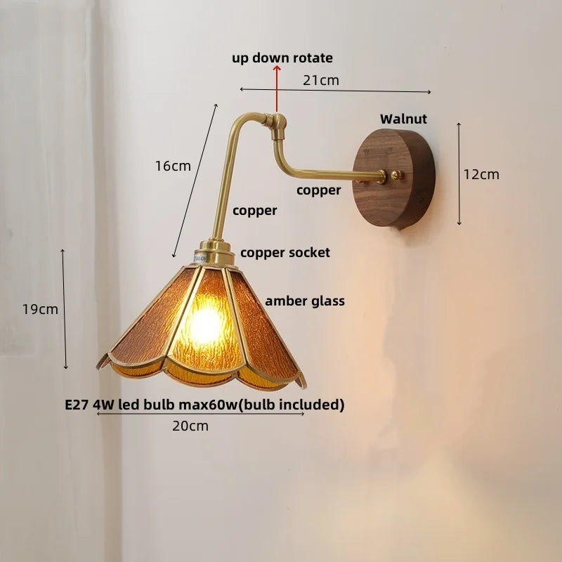 Vintage brass amber glass led wall lights pull chain bedroom sconce