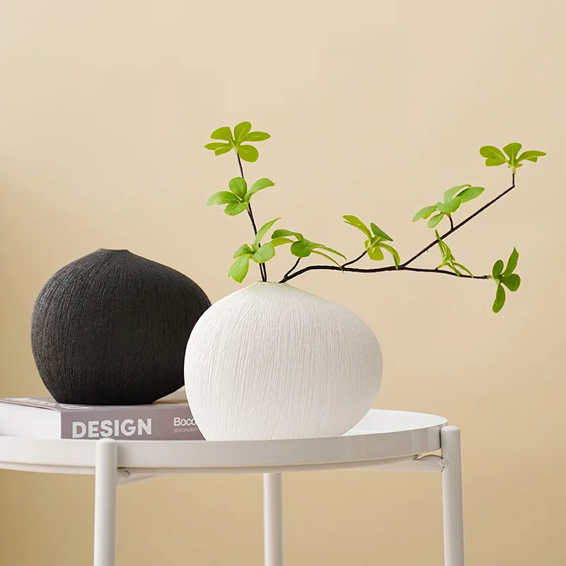 DecorBites™ Geometric Stripes Ceramic Vase with Pebbles, Flower Arrangement Accessory