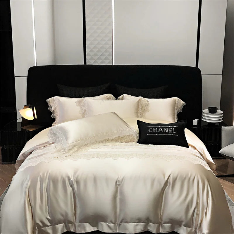 DecorBites™ Lace Patchwork Silk Cotton Luxury Bedding Set Queen King Size