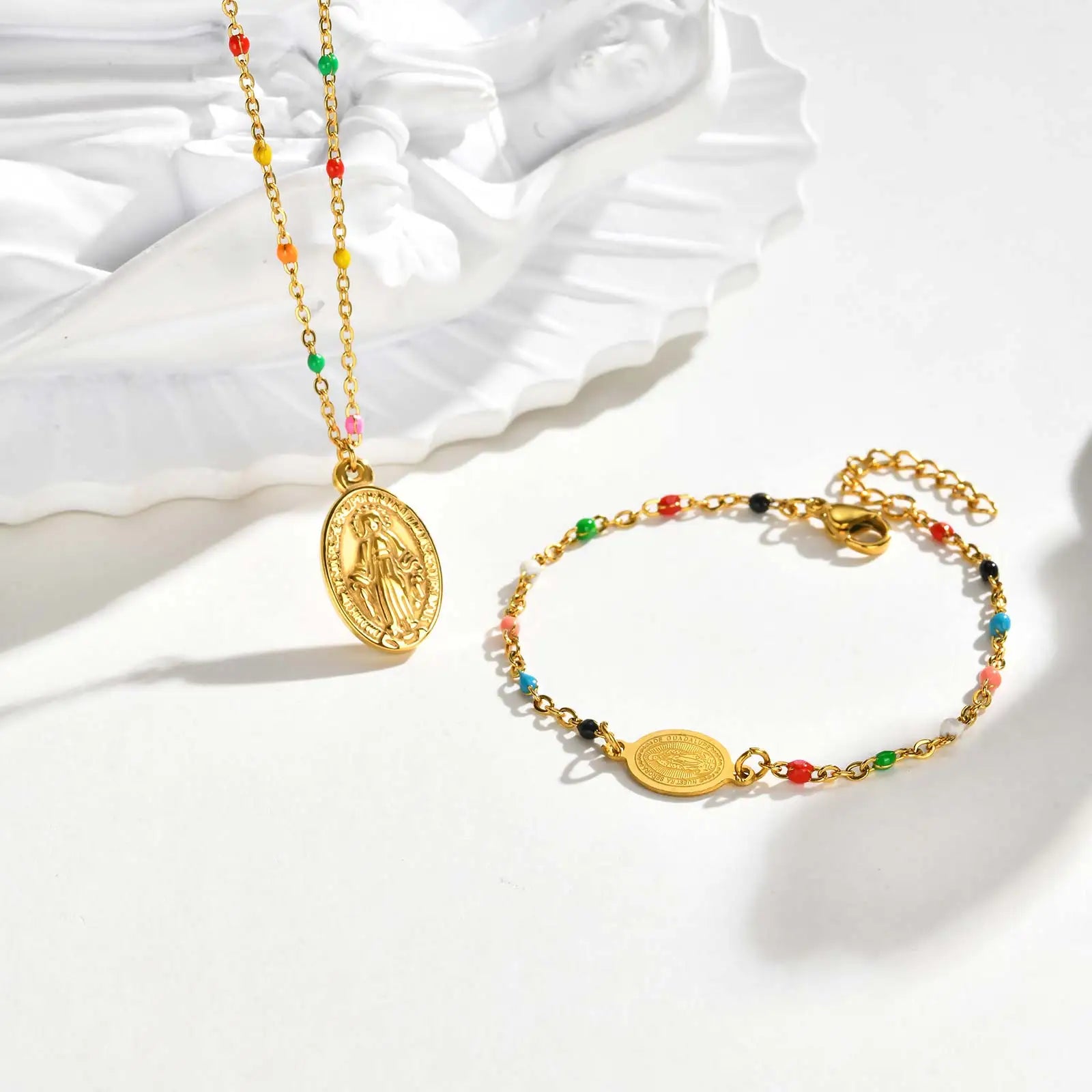 Bohemian Colored Virgin Oval Necklace | Gold Plated Stainless Steel Rosary Chain
