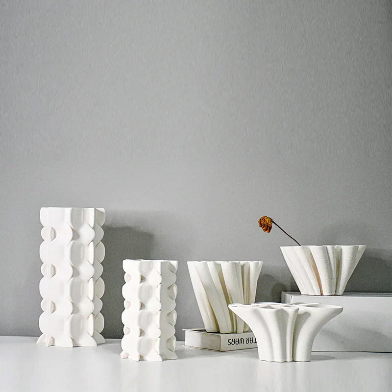 DecorBites™ Geometric Ceramic Fold Pattern Flower Vase Decorative Home Ornament