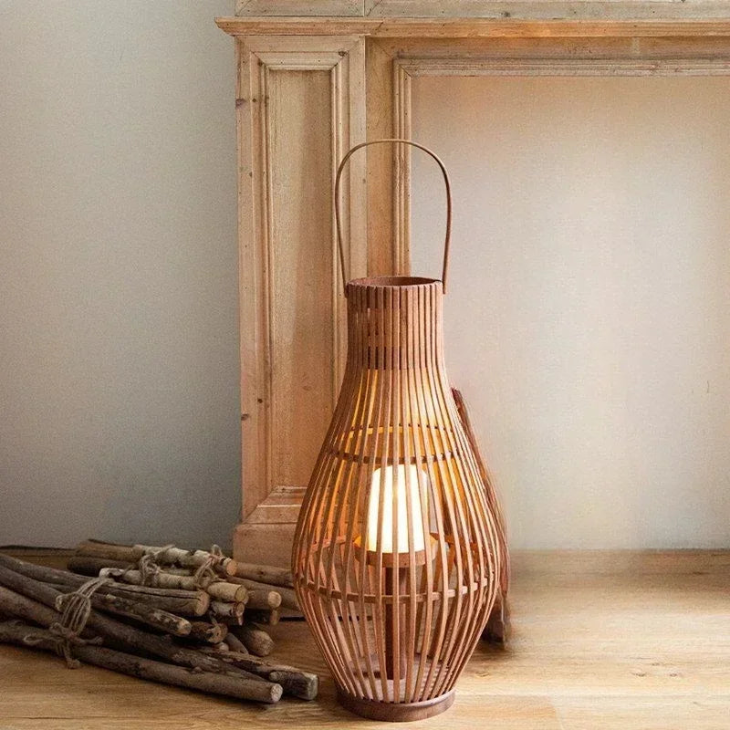 DecorBites™ Bamboo Lantern Candle Holder Vintage Nordic Style Wood Floor Decoration