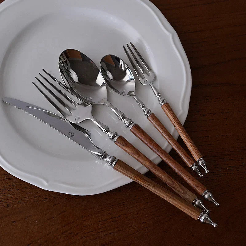 DecorBites™ 5-Piece Stainless Steel Western Tableware Set, Solid Wood Handle, Natural Yellow
