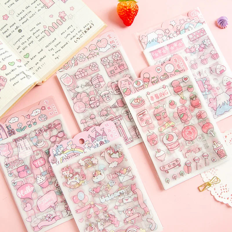 4-Piece Pink PET Sticker Pack | Kawaii Decorative Scrapbooking Set