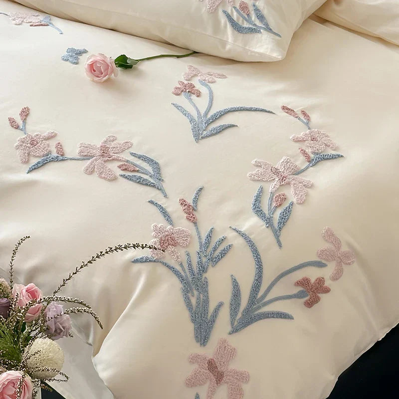 DecorBites™ Elegant Flower Embroidery Cotton Bedding Set - Single Queen King Sizes