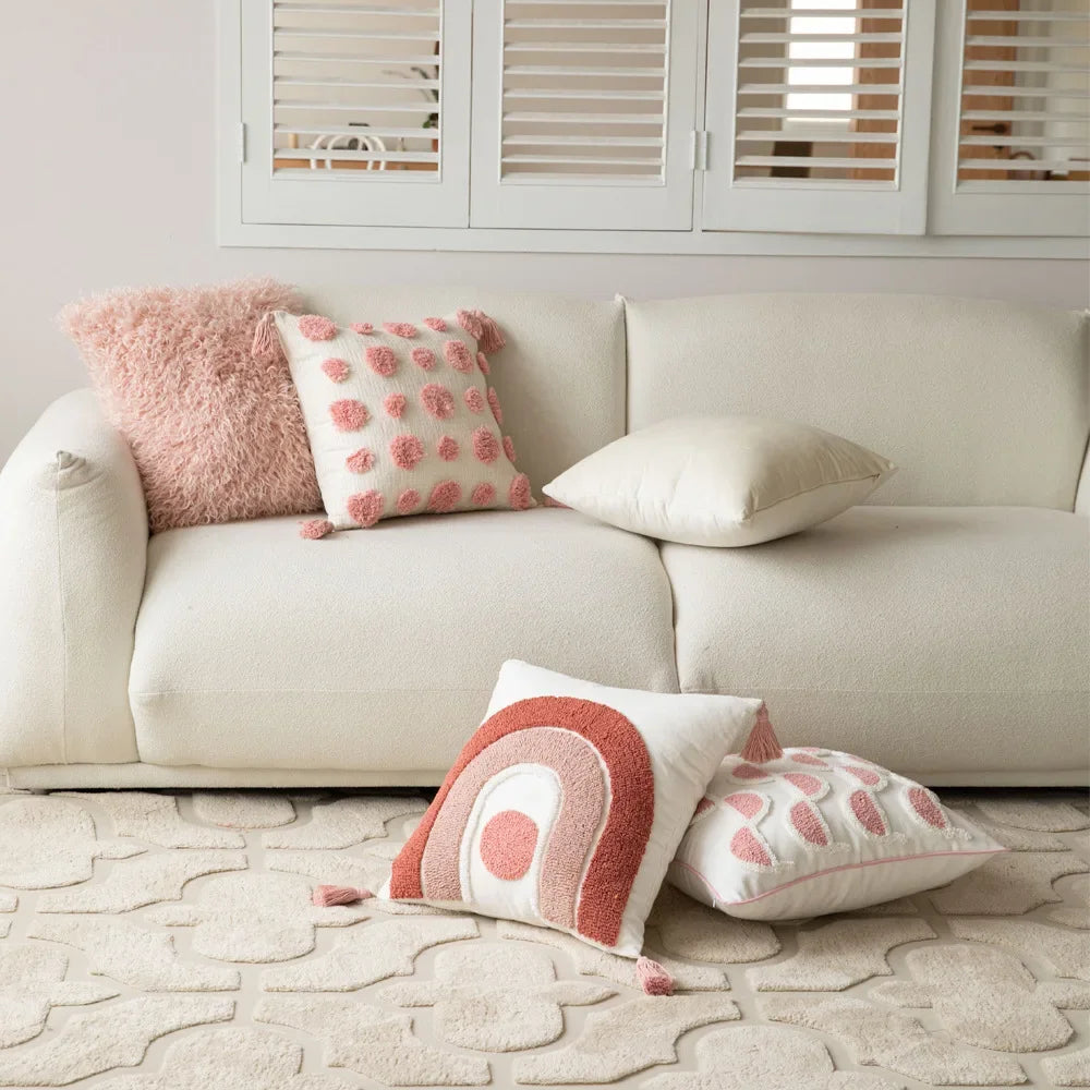 DecorBites™ Geometric Embroidered Loop Tufted Throw Pillow Covers - Pink Tufted Cushion Cover