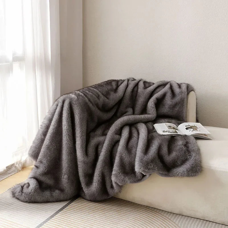 DecorBites™ Luxe Faux Fox Plush Blanket: Thick, Warm, Soft Sofa Cover - High-Quality Solid Color