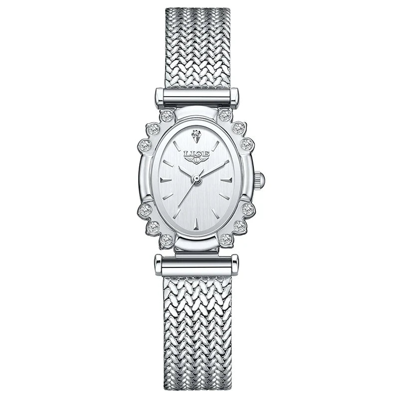 Women's Oval Quartz Watch Vintage Mesh Bracelet Blue Dial
